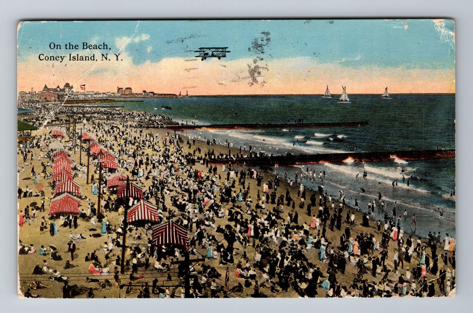 Coney Island NY-New York, Crowd On The Beach, c1917 Vintage Souvenir Postcard