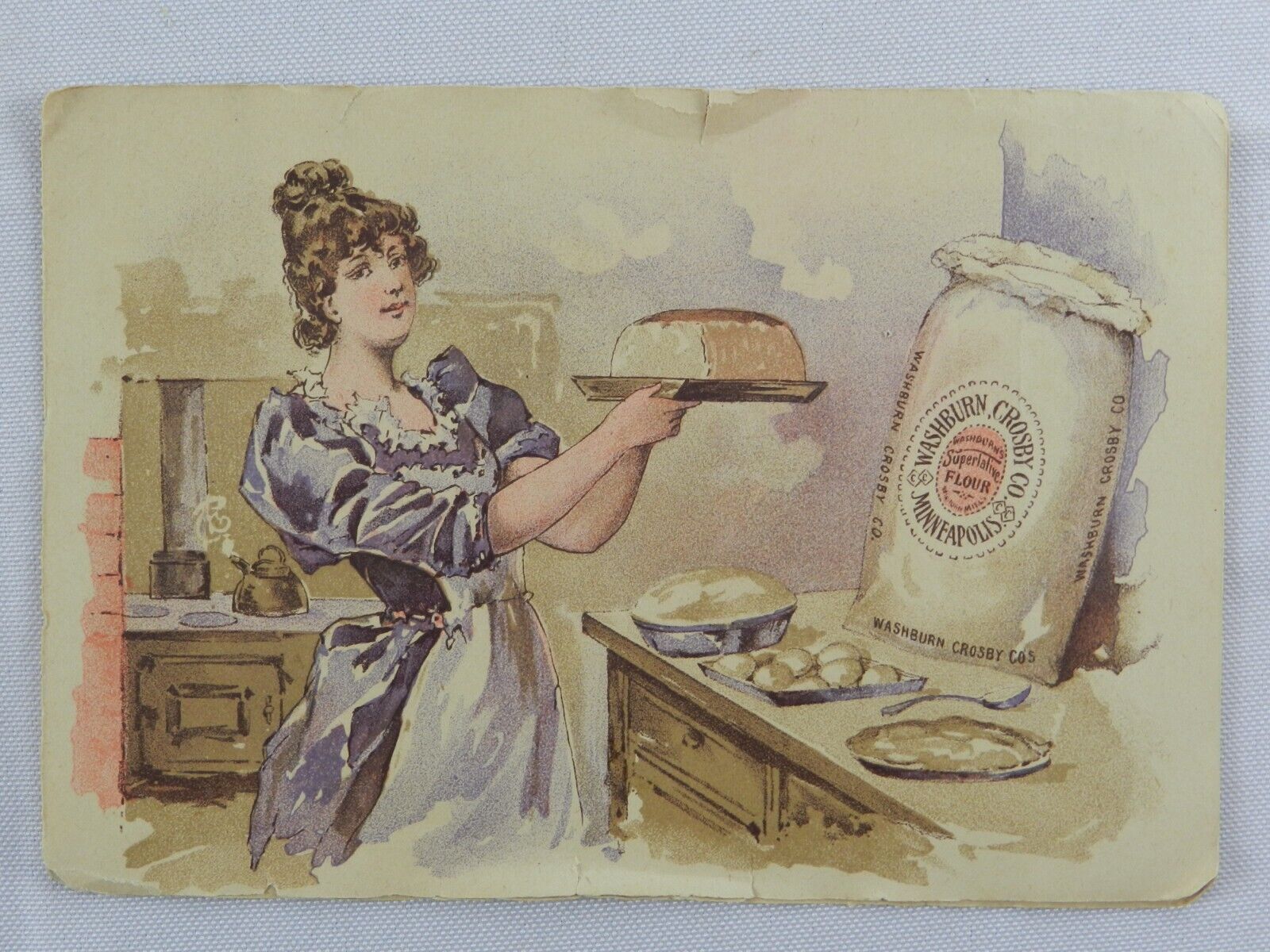 Young Woman in Victorian Kitchen Bakes - Washburn Crosby Co. Vintage Photograph
