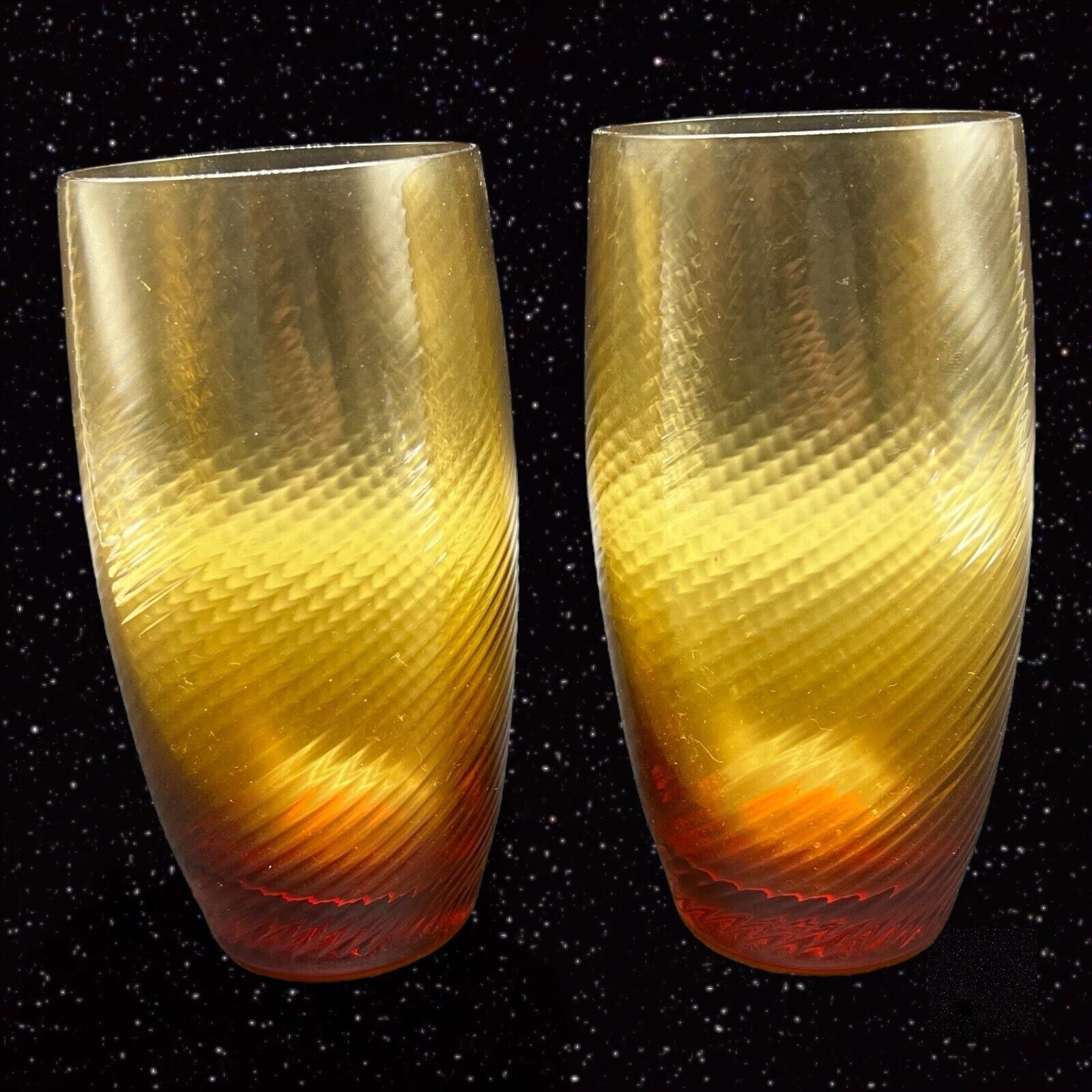 Vinage Mid Century Juice Glasses Set 2 Amber Optic Swirl Art Glass 5.5”T 2.5”W