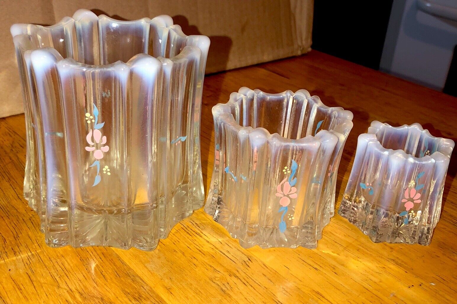 3 Vintage Fenton Handpainted Paneled Opalescent ￼Glass Vases ￼