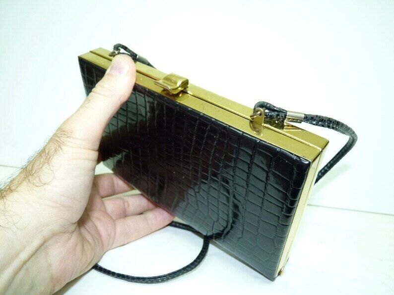 Vintage 1970s Deep Brown Faux Lady's Evening FashionWomen Handbag13 x 20 cm