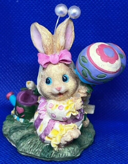 Vintage Spring Baby Easter Bunny Rabbit w/ Lollipop Ballons & Flowers Figurine