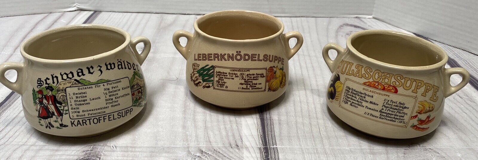 German Recipe Soup Bowls Mugs Cups Ceramic Vtg Set of 3 Potato, Goulash, Liver