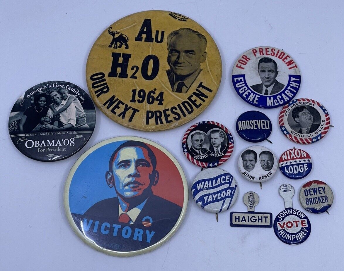 Vintage Political Campaign Button Lot Of 13 Various Sizes & Eras RARE