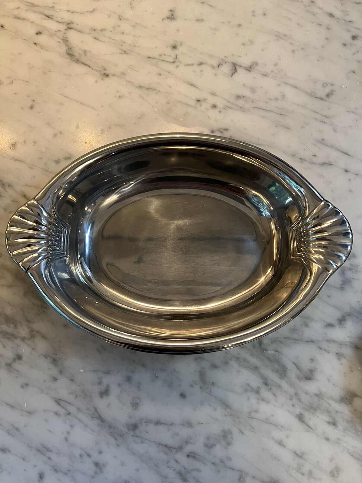 WILTON PEWTER 12” SERVING PLATTER WITH SCALLOPED SHELL HANDLES