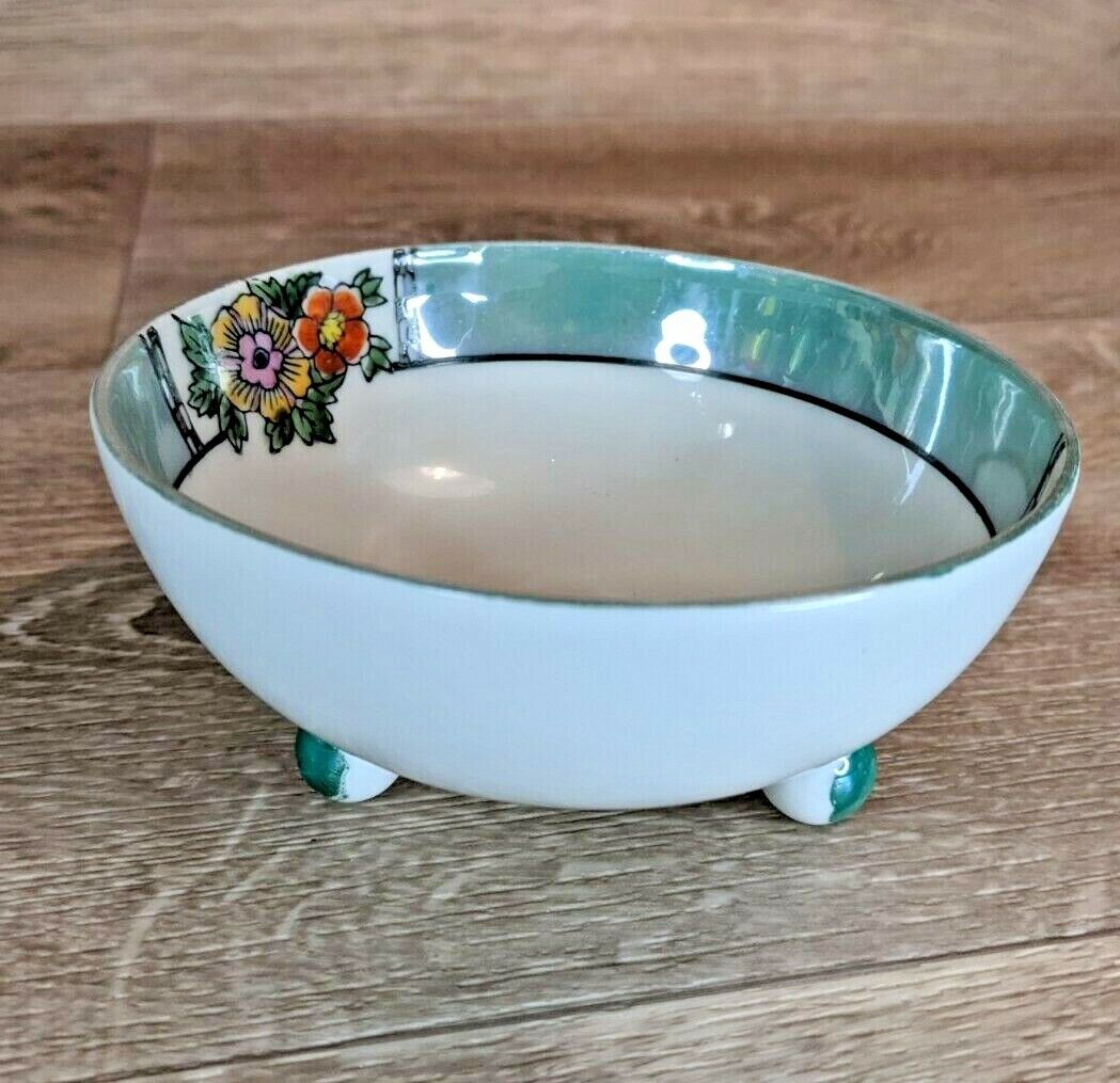 Vintage Noritake Lusterware Footed Bowl White with Green Band &Floral Medallion