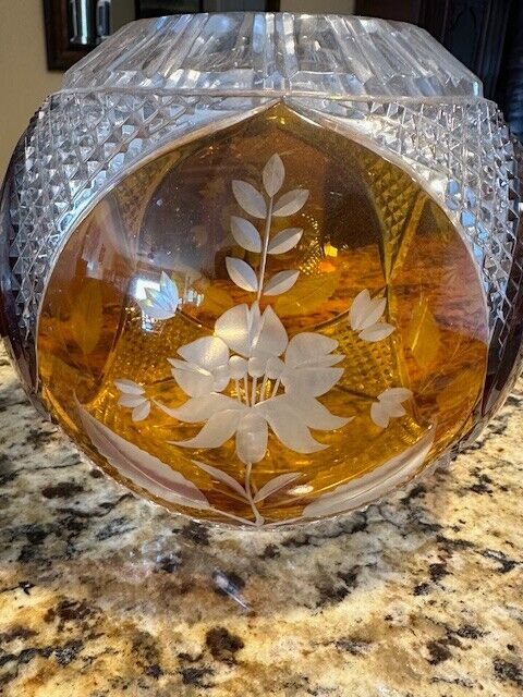 Amber Clear Cut Round Floral Crystal Vase - EUC