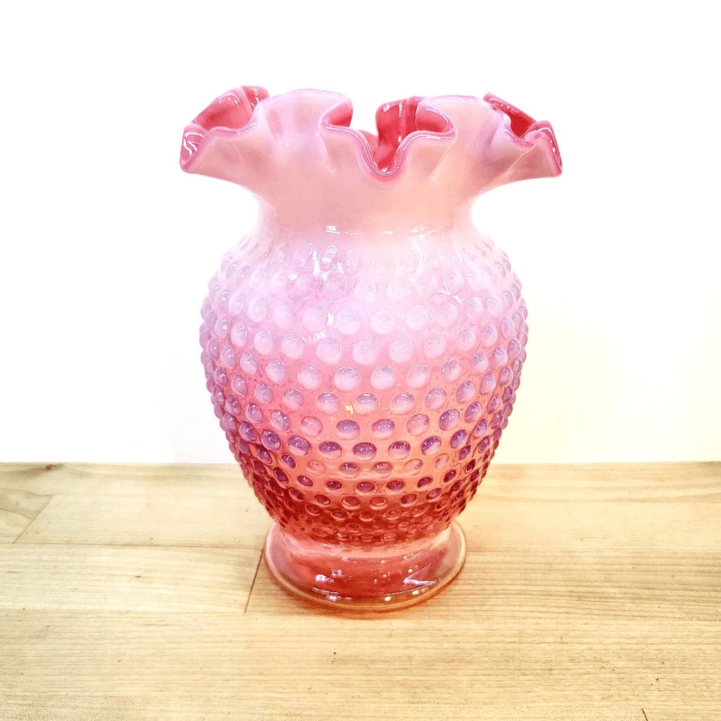 Vintage Fenton Cranberry Opalescent Hobnail Double-Crimped Vase C. 1940s-1950s