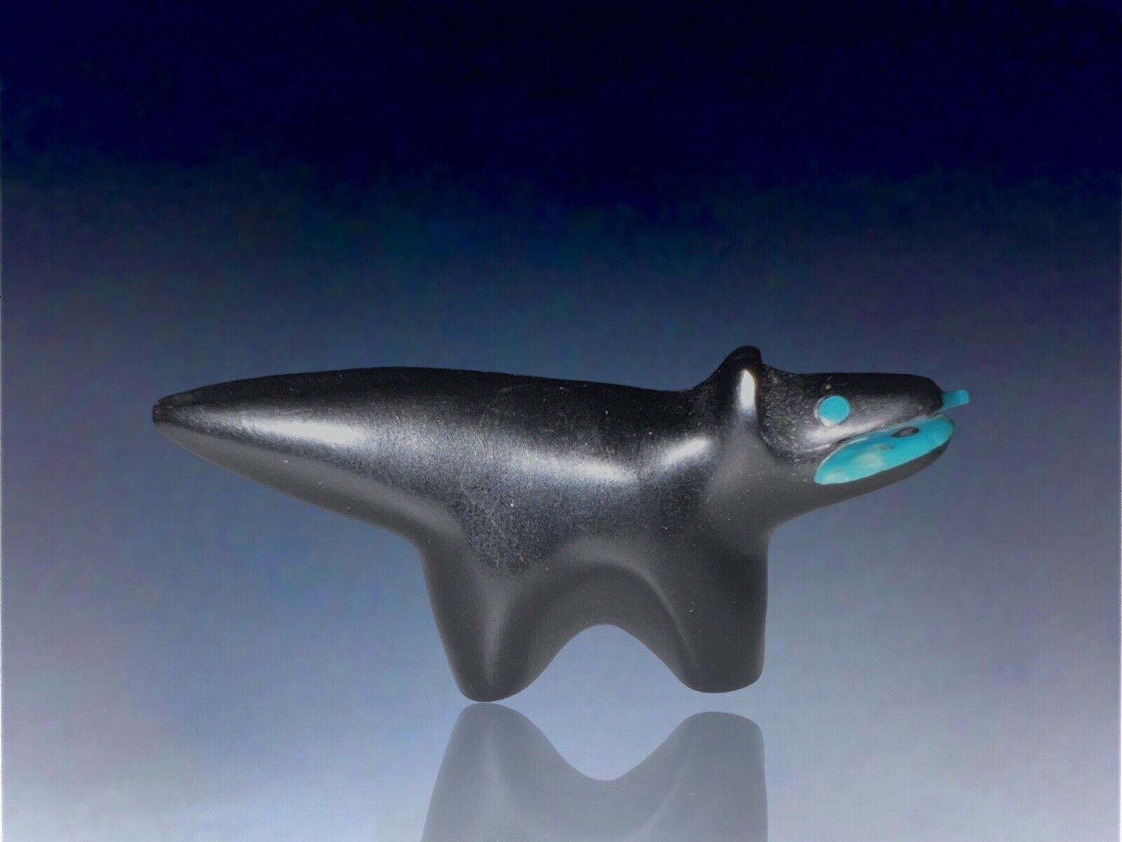 1970s Native Zuni Carved Jet Stone Wolf Fetish With Turquoise Fish