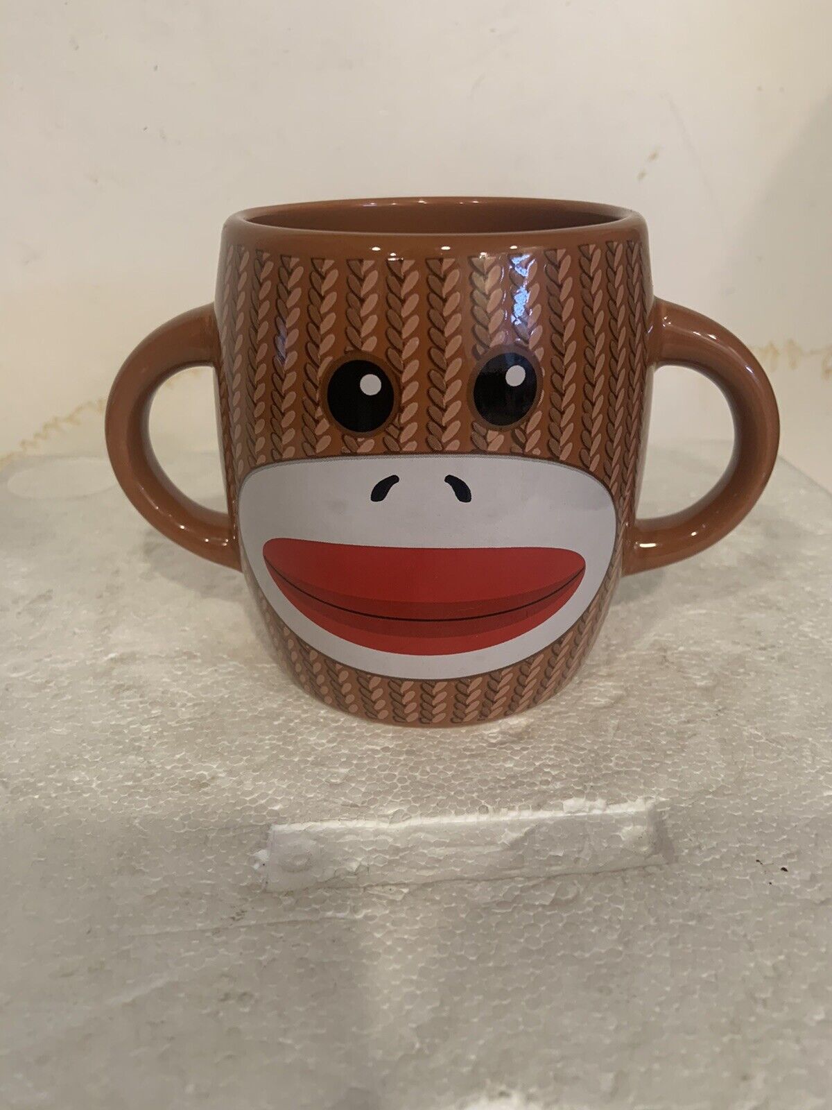 Vntg Monkey Coffee Mug 16oz Sock Monkey Double Handle & Sided New See Photos