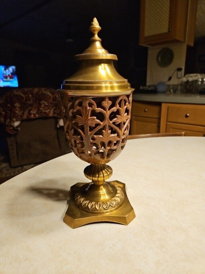 Beautiful Solid Brass/Cast Iron Two Tone Lidded Incense Candle Holder