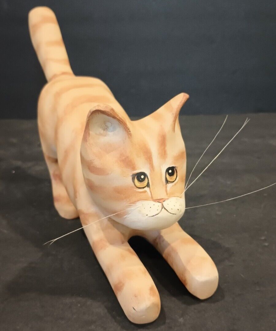 Wood Ginger Cat Figurine Hand Painted Folk Art Signed Frazer 9.5\