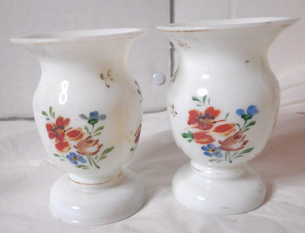 2 Czechoslovakia Hand Painted Floral White Milk Glass Miniature Pedestal Vases