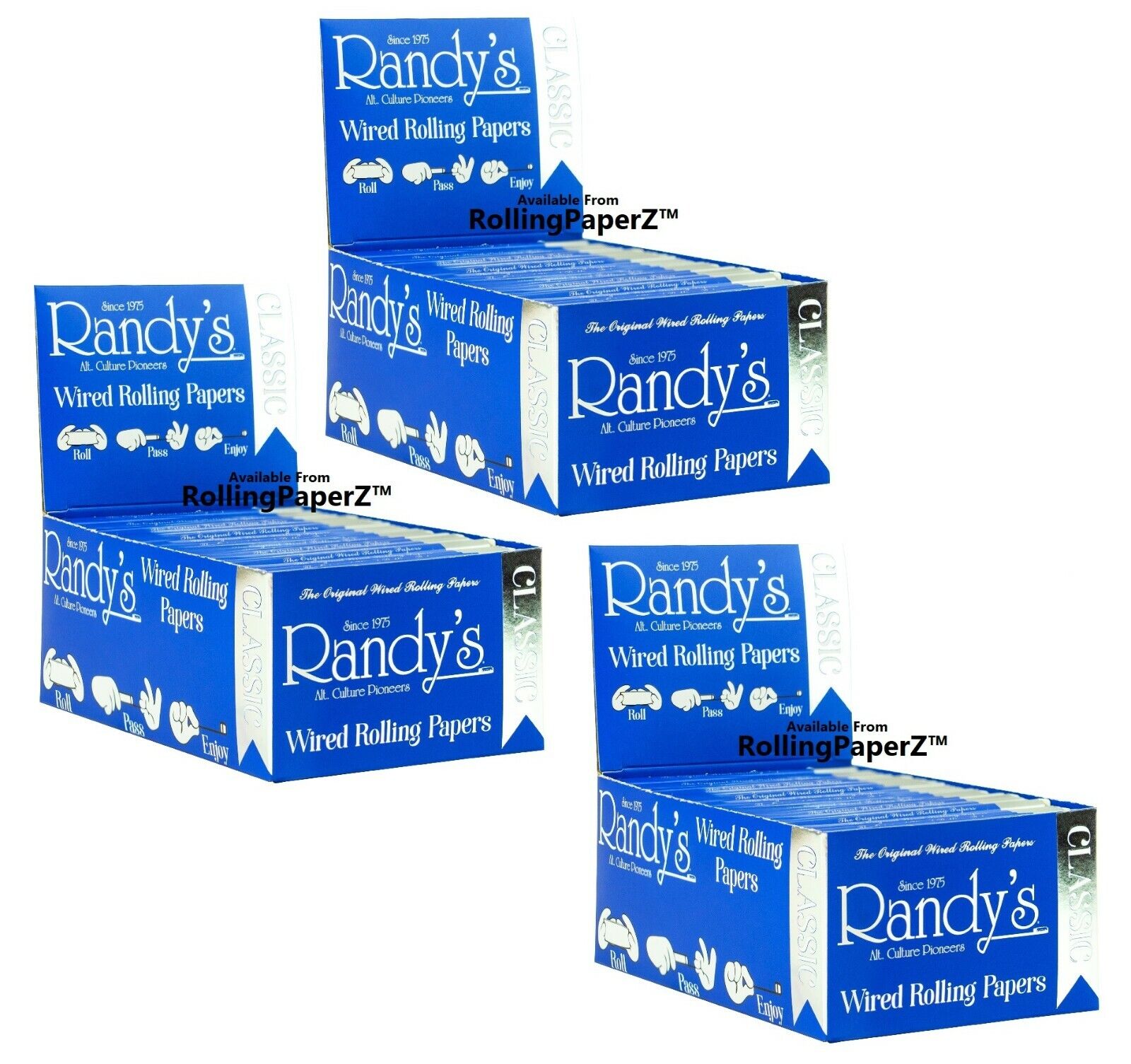 THREE BOXES of Randy\'s CLASSIC 1 1/4 Size WIRED HEMP Cigarette Rolling Papers 