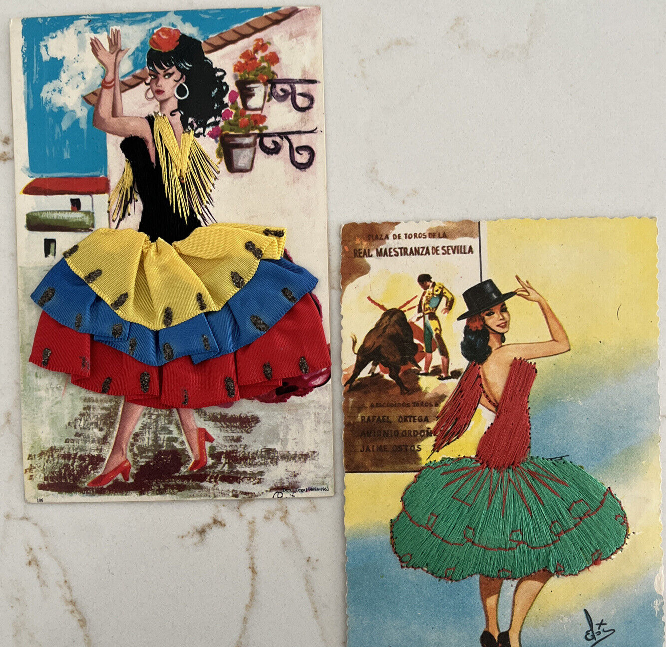 2 Mid Century Spanish Flamenco Dancer Postcards Hand Stitched