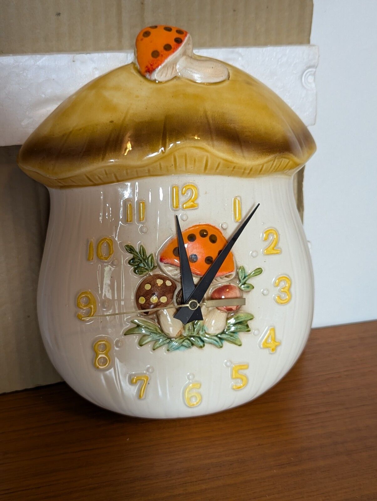 Vintage 70\'s Sears Merry Mushroom Ceramic Wall Clock W. Box Need New  Movement