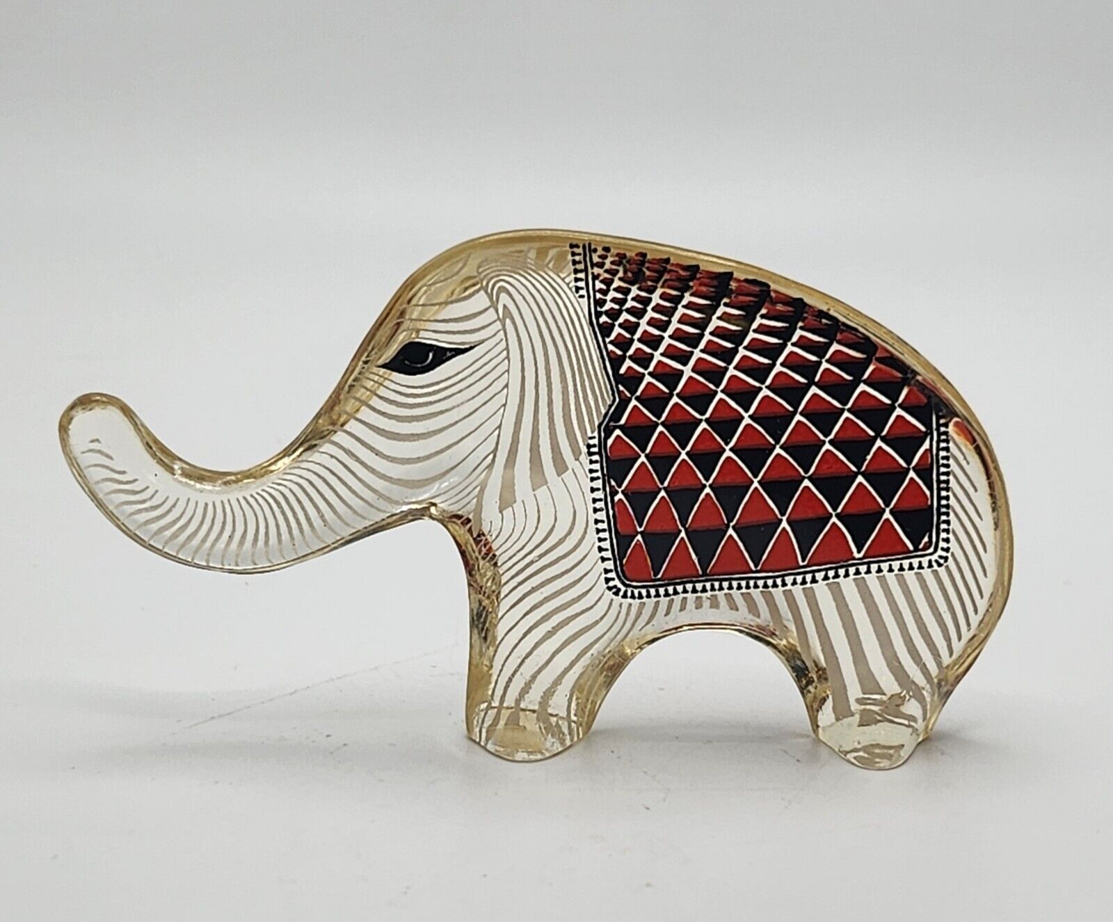 Lucite Elephant By PALATNIK Small with Red Black Design,Pre-owned 
