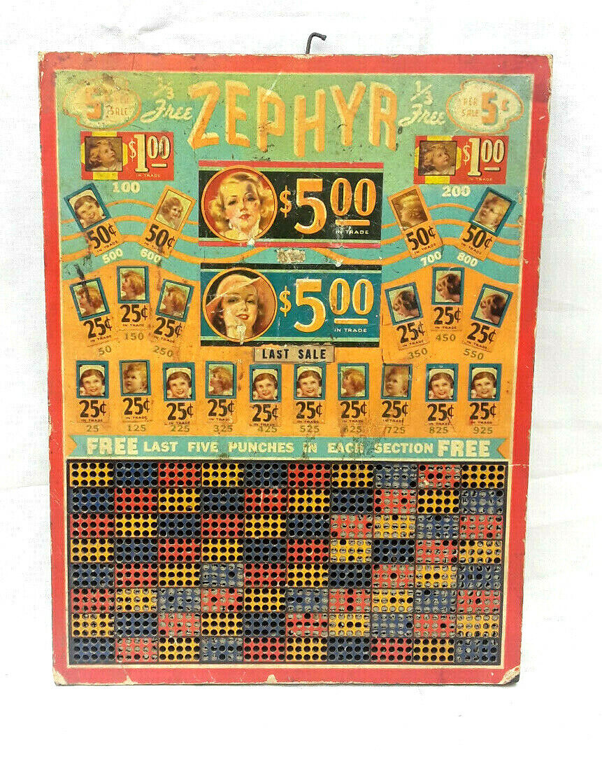 Vintage Zephyr Cigarettes Punch Board 5 Cent Game Collectible Advertising