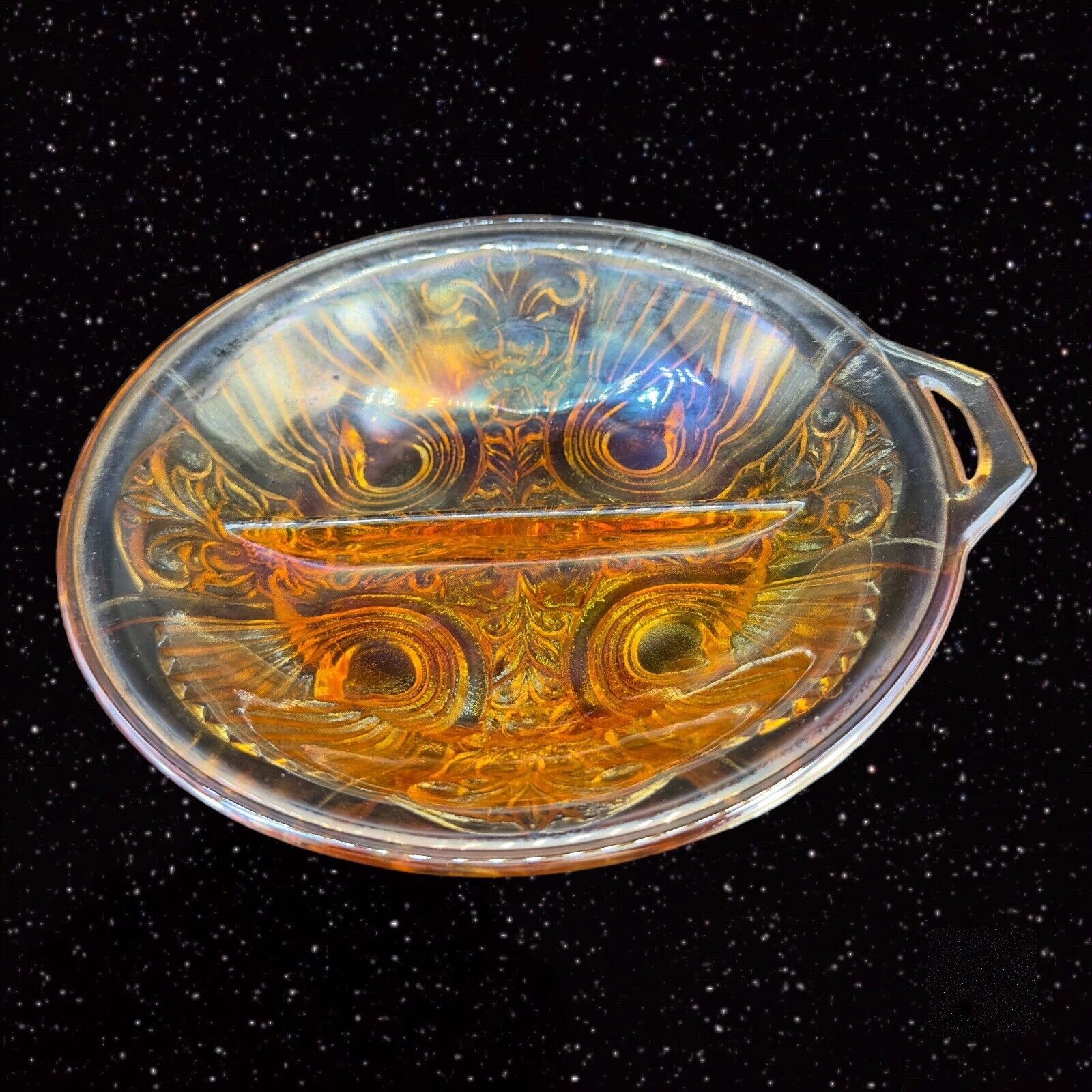Vintage Carnival Glass Bowl With Handle Iridescent Glass Divided Dish 1980s 8\