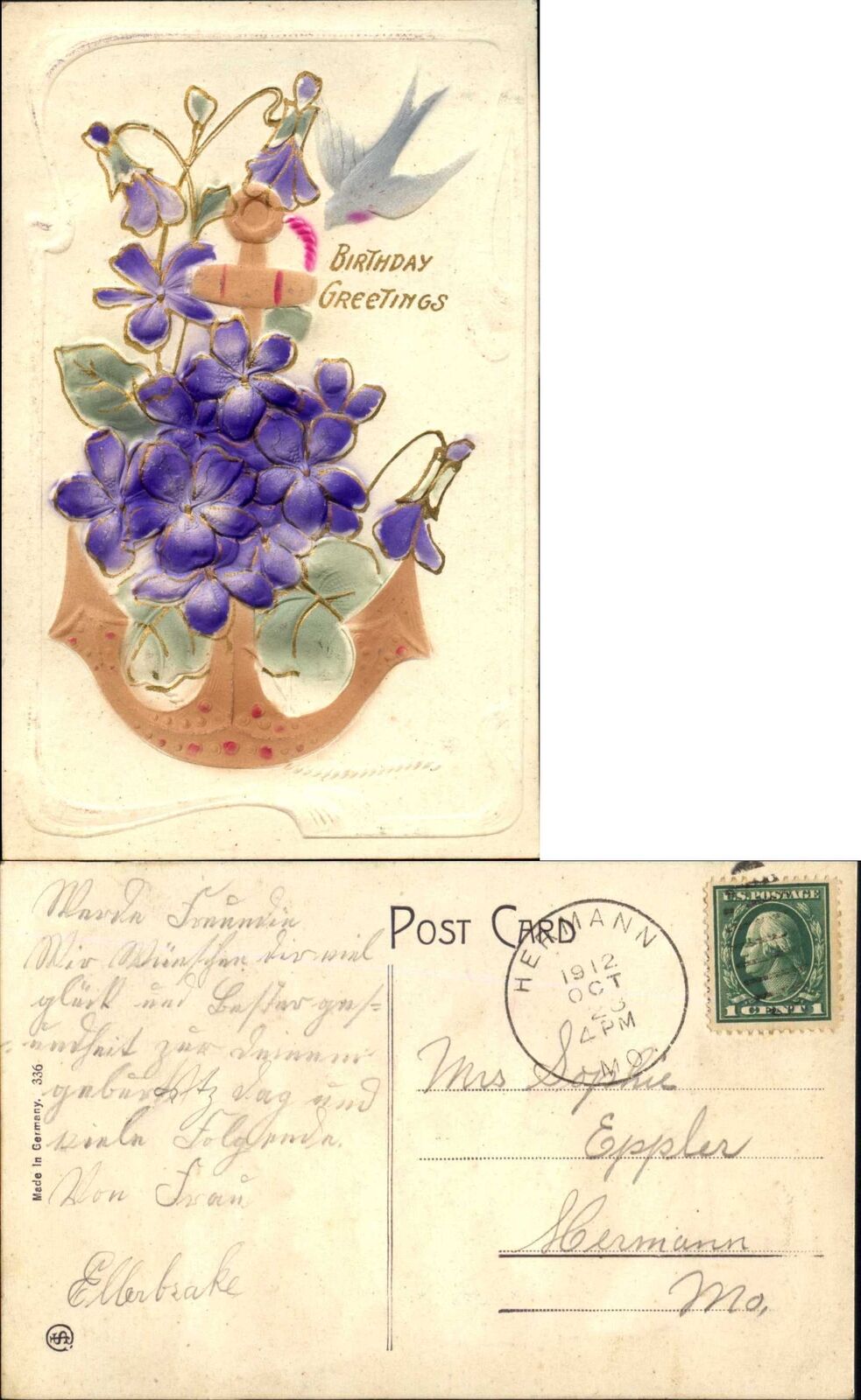 Birthday vintage postcard ~ anchor nautical violets bird 1912 embossed