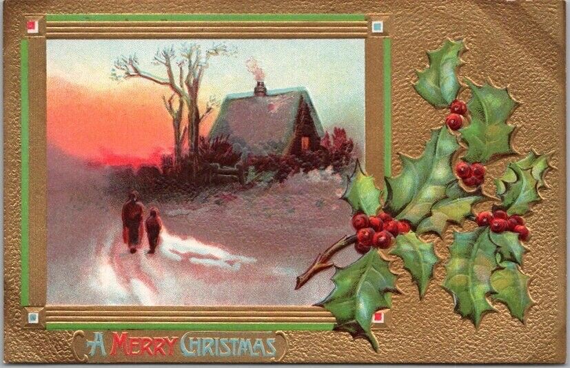 c1910s MERRY CHRISTMAS Embossed Postcard Winter House Scene / Holly - UNUSED