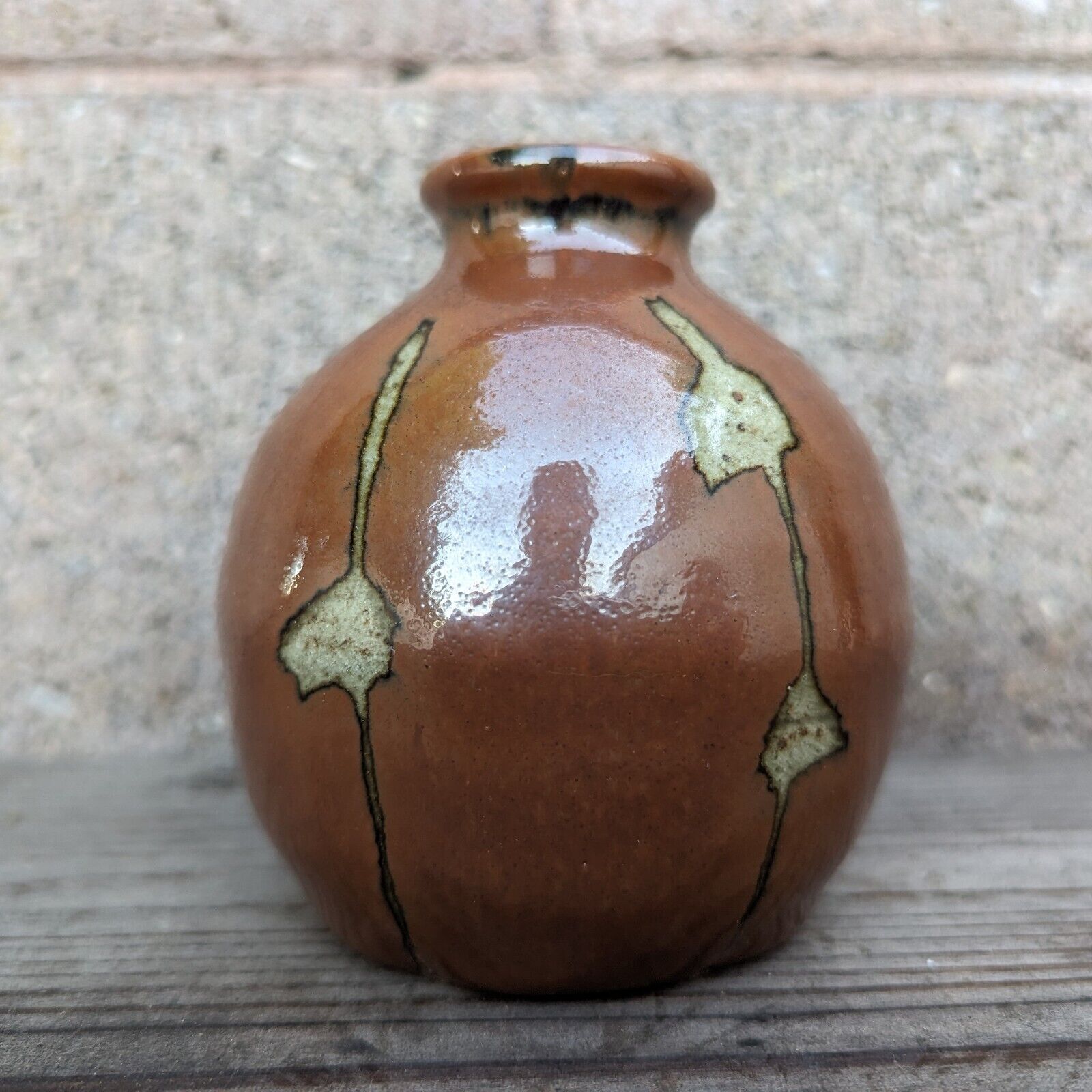 Japanese Mashiko Mingei Studio Pottery Round Bottle Vase Brown Kaki Glaze