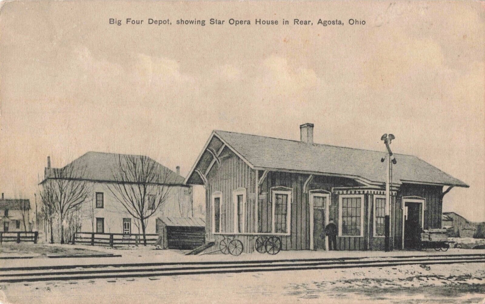 Big Four Railroad Depot Star Opera House Agosta Ohio OH Quack Medicine c1910 PC