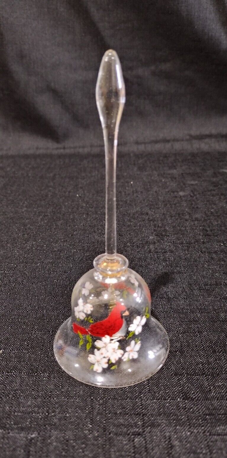 Vintage Clear Glass Bell With Floral Cardinal Red Bird Design 5 Inches Tall 