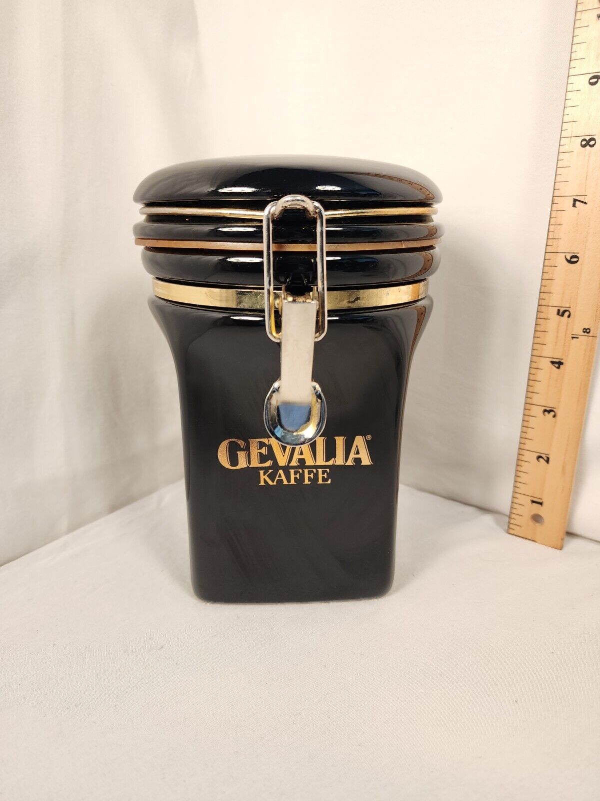 Vintage Gevalia Kaffe Ceramic Coffee Canister Blue w/ Gold Trim - 7.75