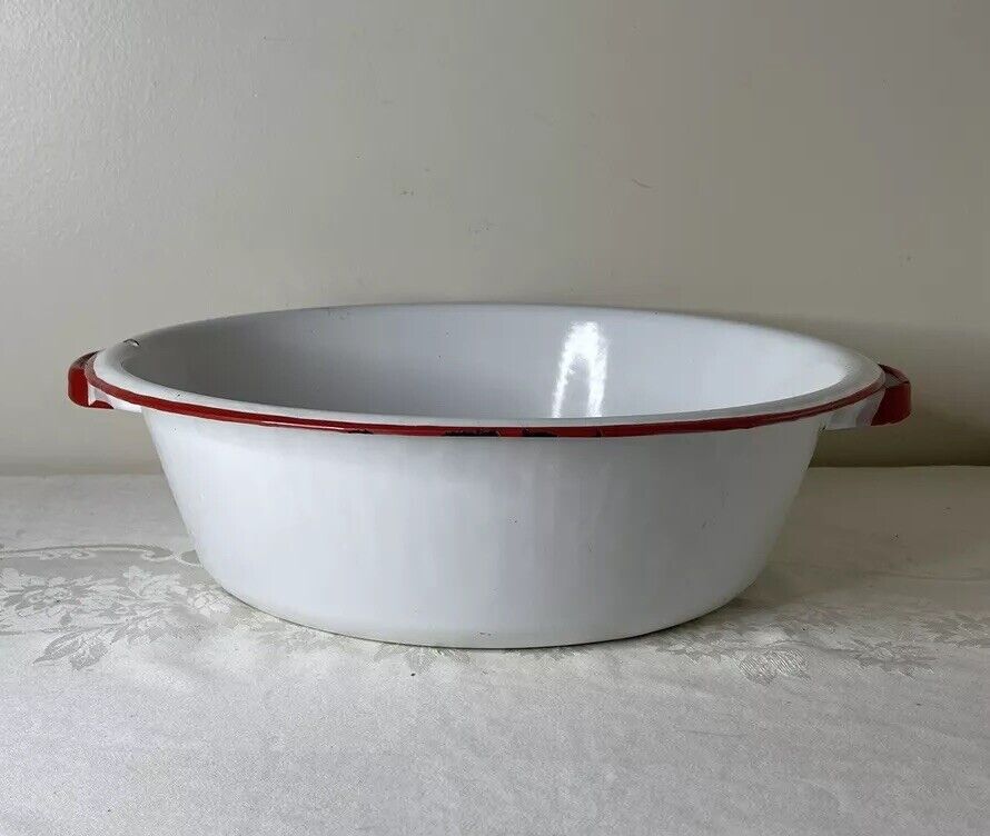 Large White Red Enamel Ware Round Tub Wash Bowl 16” With Hang Hole & Handles
