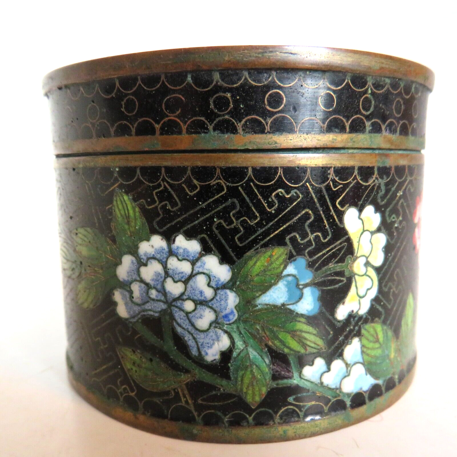Vintage Chinese Cloisonné Pot Black Floral on Copper 3.5\