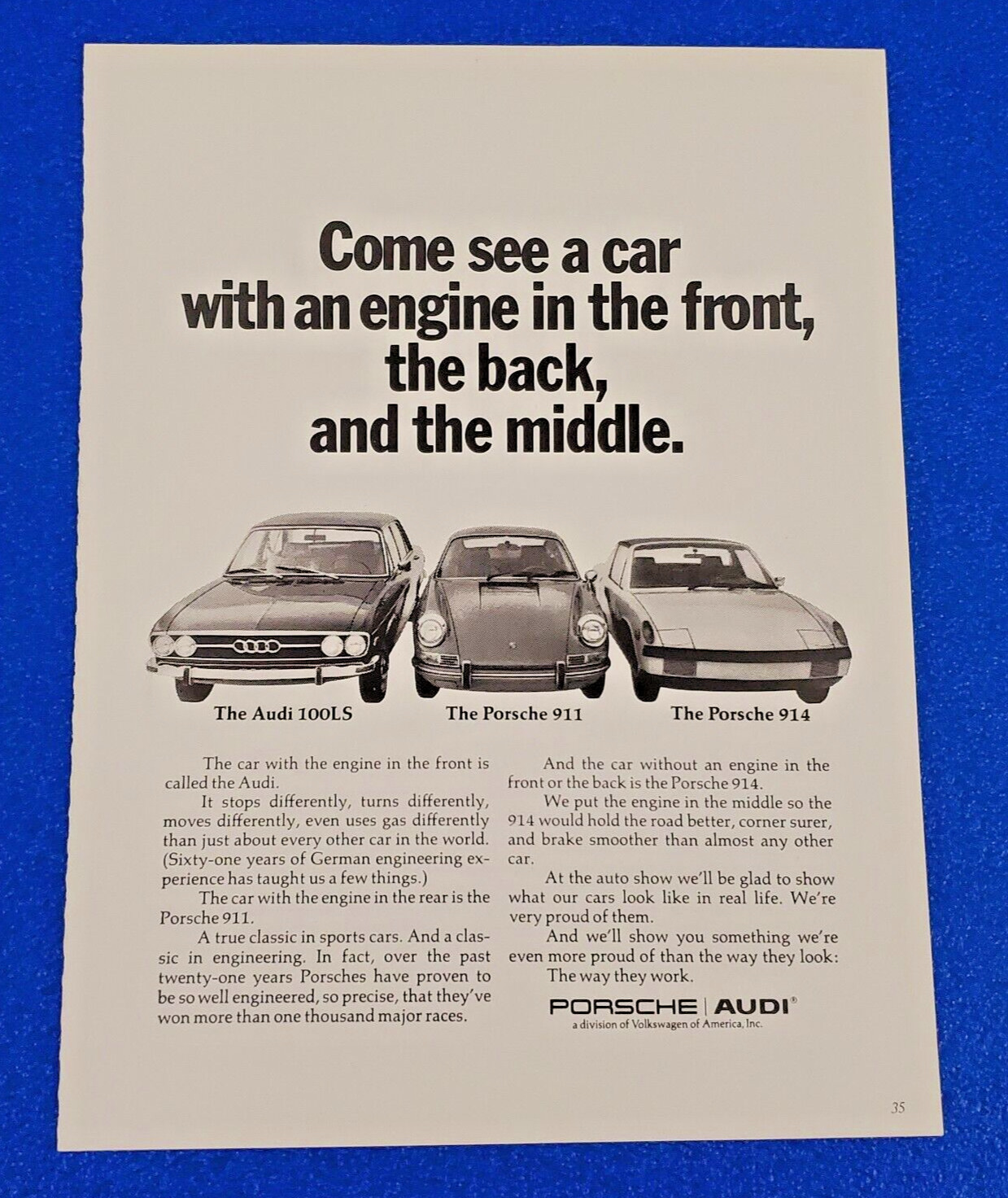 1971 PORSCHE/AUDI 3 CAR DEALER LINE-UP 914 911 & 100LS ORIGINAL PRINT AD LOT B/W