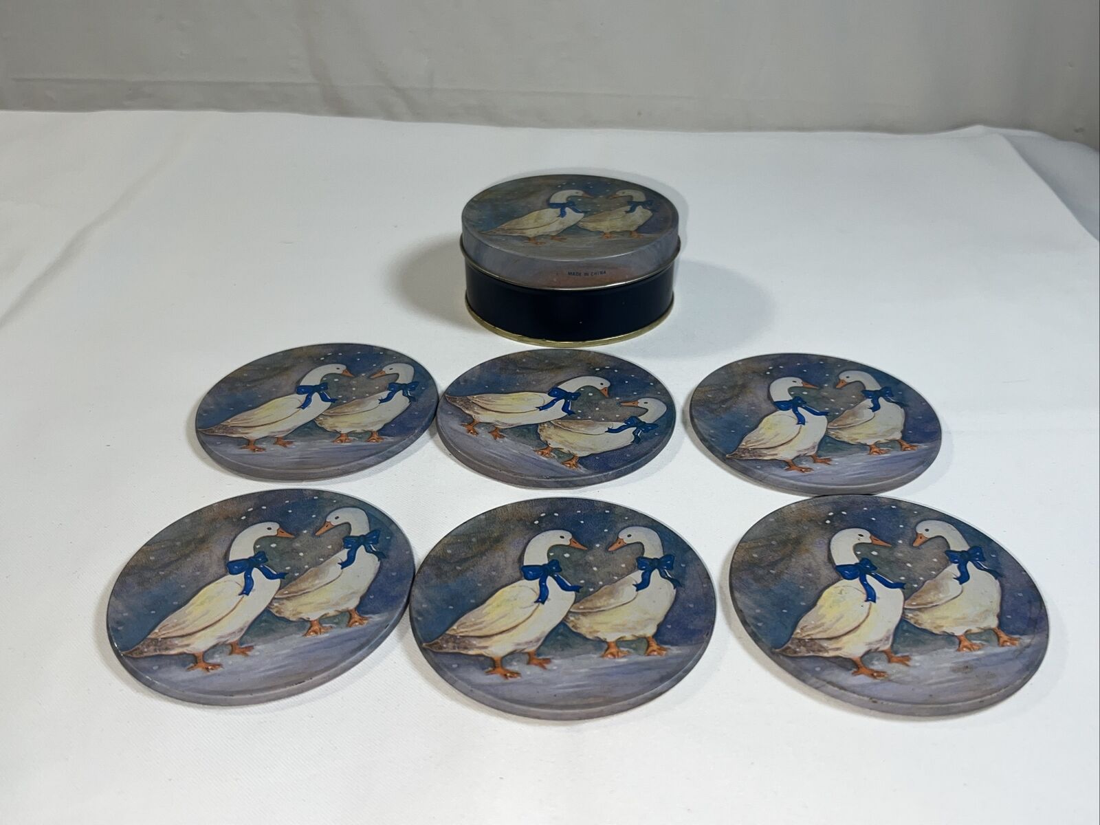 Vintage Winter Snow Geese W/Blue Ribbon Coaster Set in Org. Tin. Set of 6