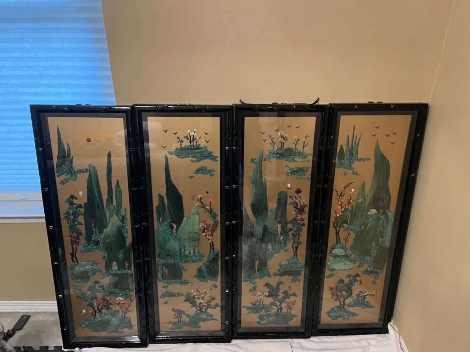 Vintage 4 Panel Asian Black lacquer jade