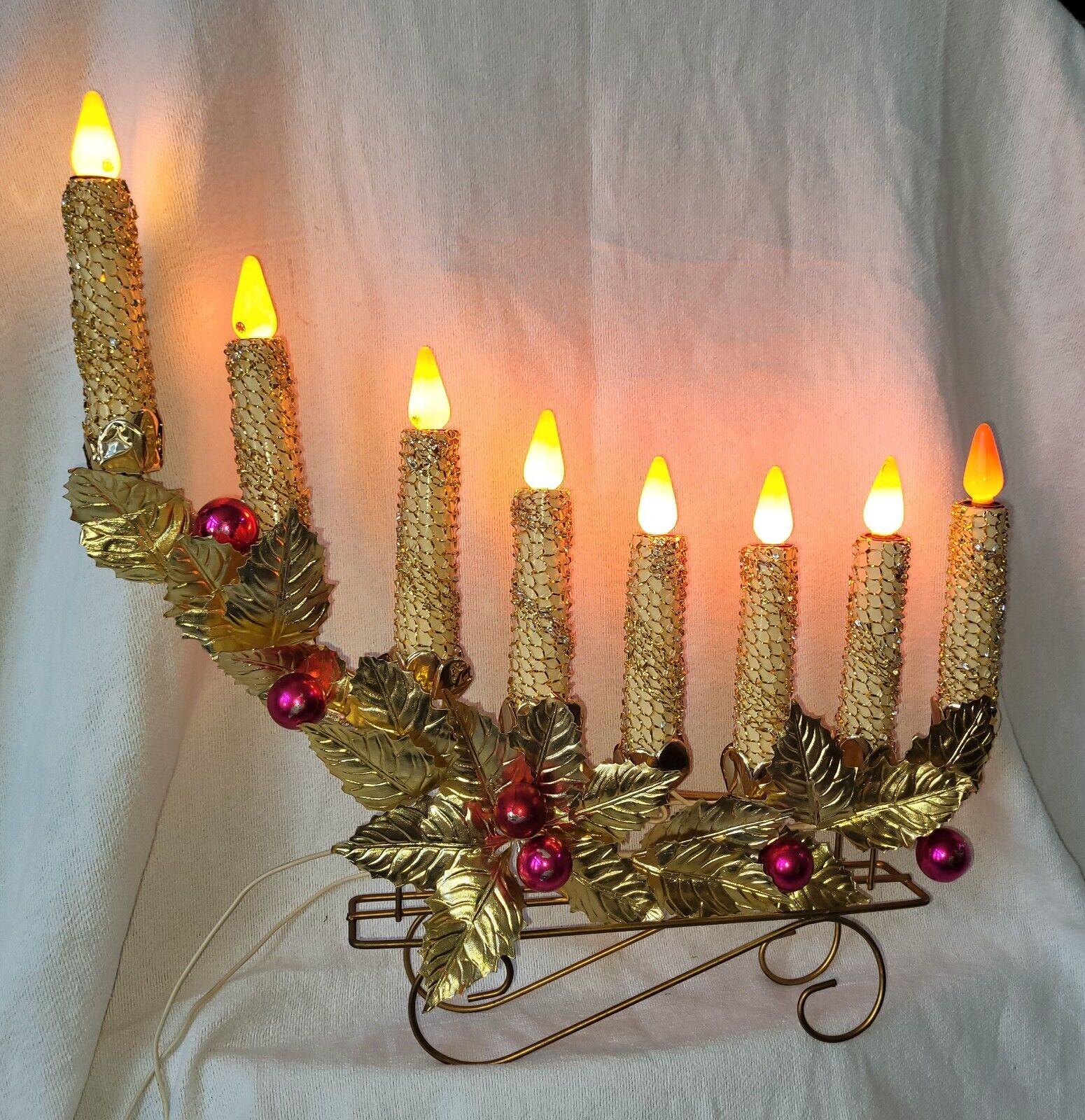 Vintage 1959 Mirostar Products Gold Mesh 8 Lighted Candles Candolier Candelabra