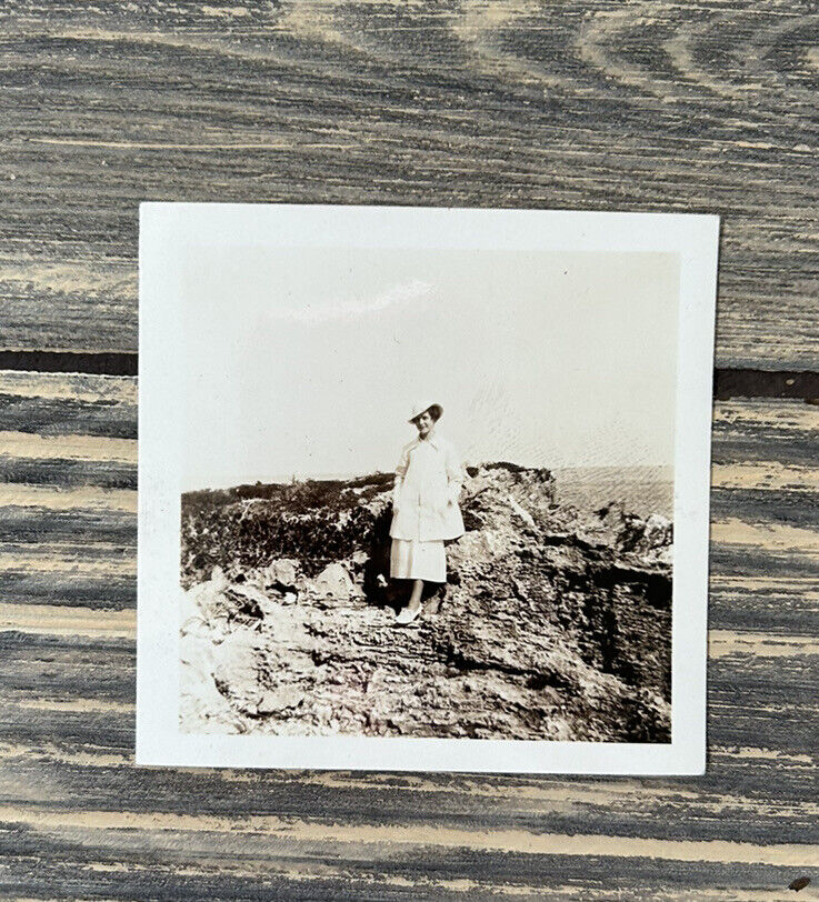 Vintage Girl Standing On Rocks 2.5” Photograph 714