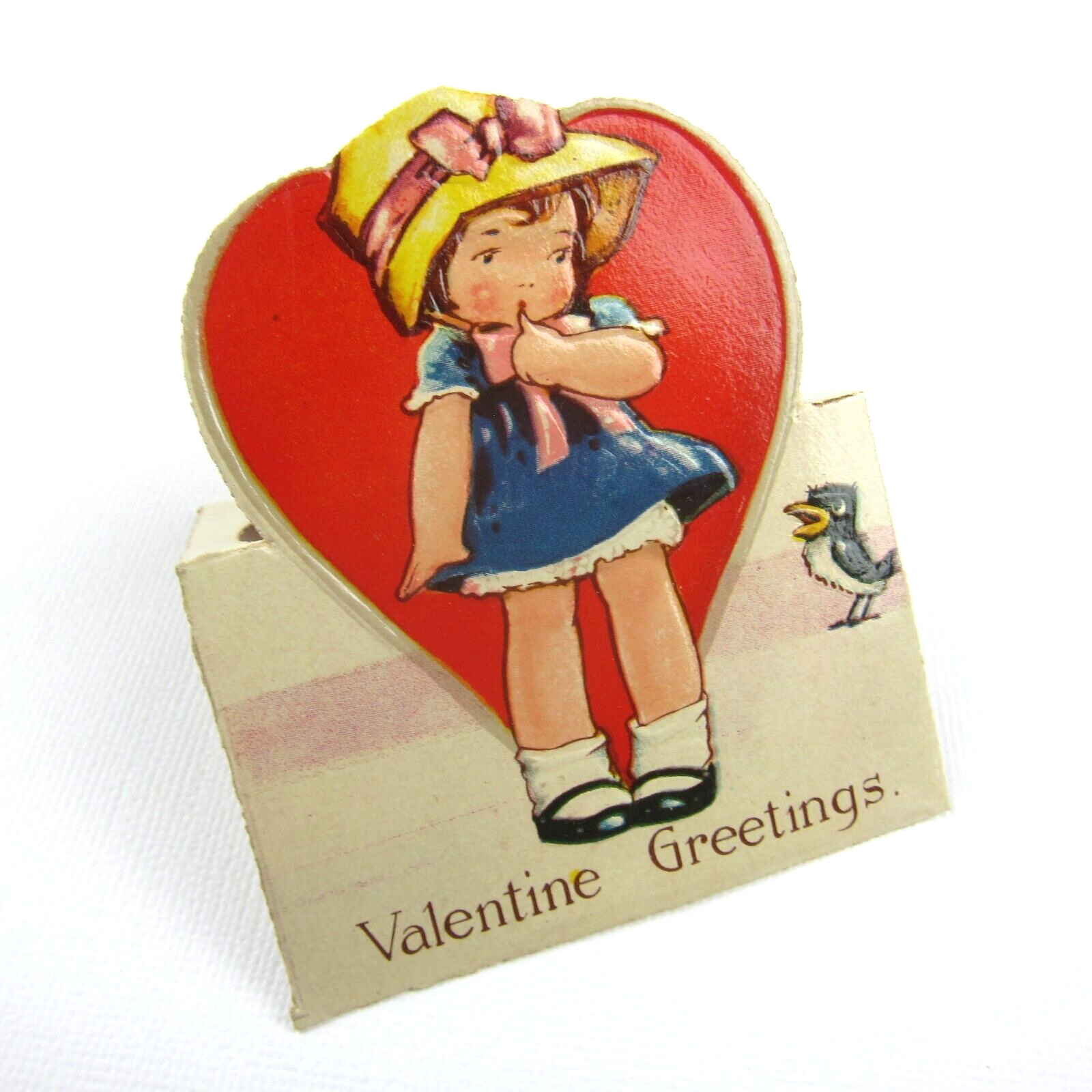 Vintage Valentine Card Cutout Stand Up Girl Straw Hat Blue Dress Bird UNSIGNED