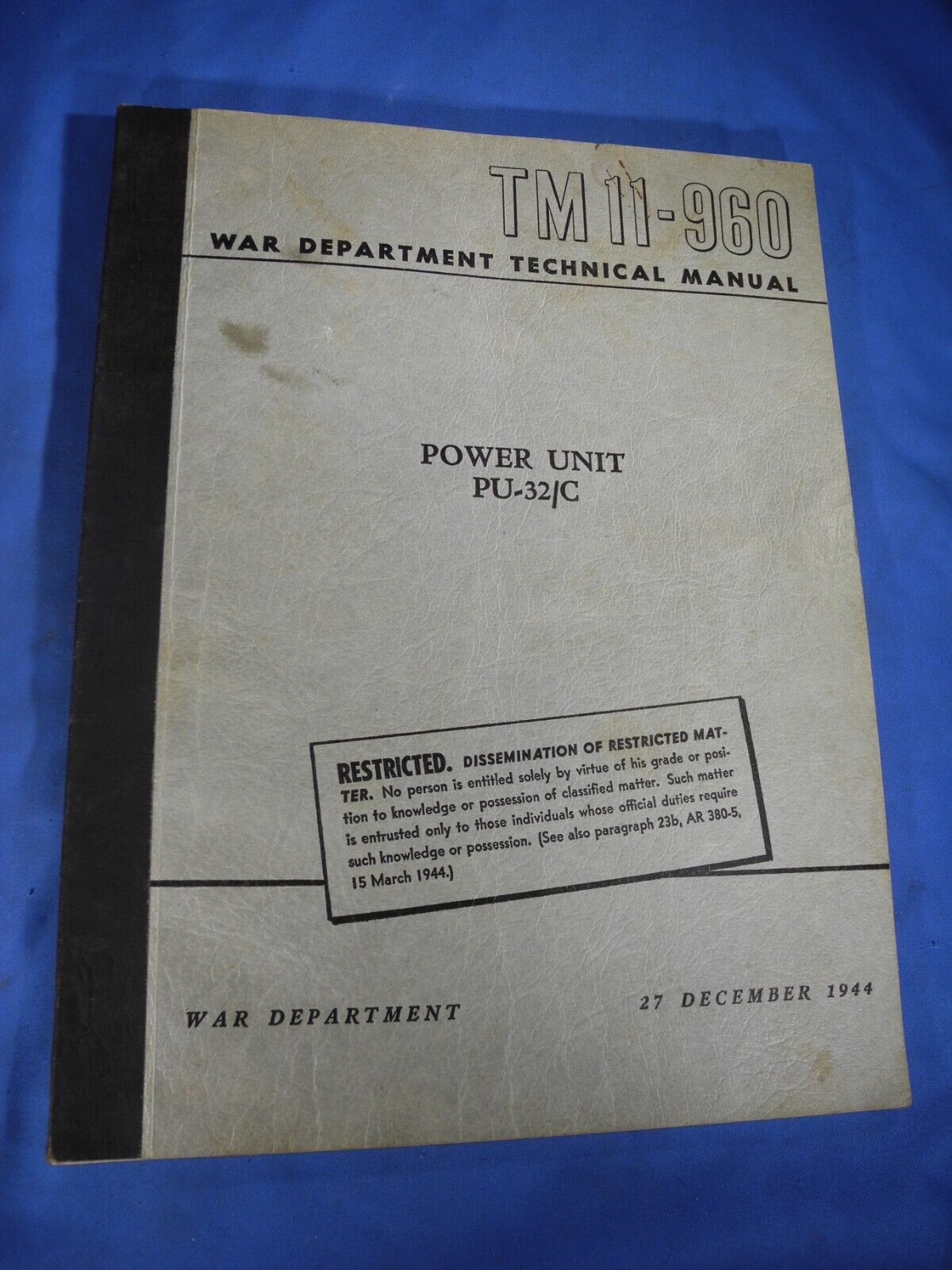 RARE WWII  WAR DEPARTMENT POWER UNIT PU-32/U Manual