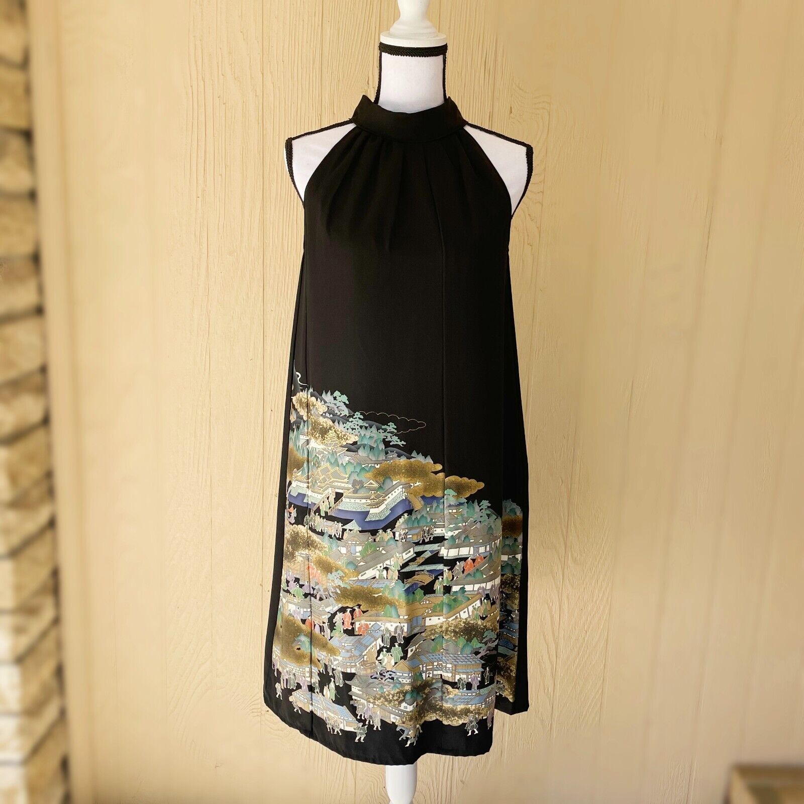 Black Silk Kimono Tomesode Halter Neck Dress Prom Dress Casual Party Dress