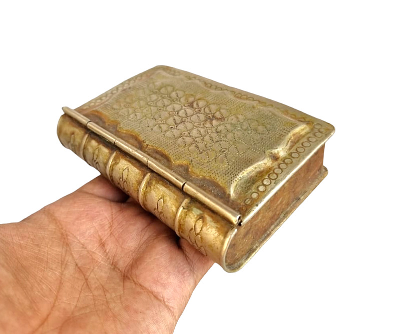 Vintage Old Antique Brass Beautiful Engraved Book Shape Jewelry Box Collectible