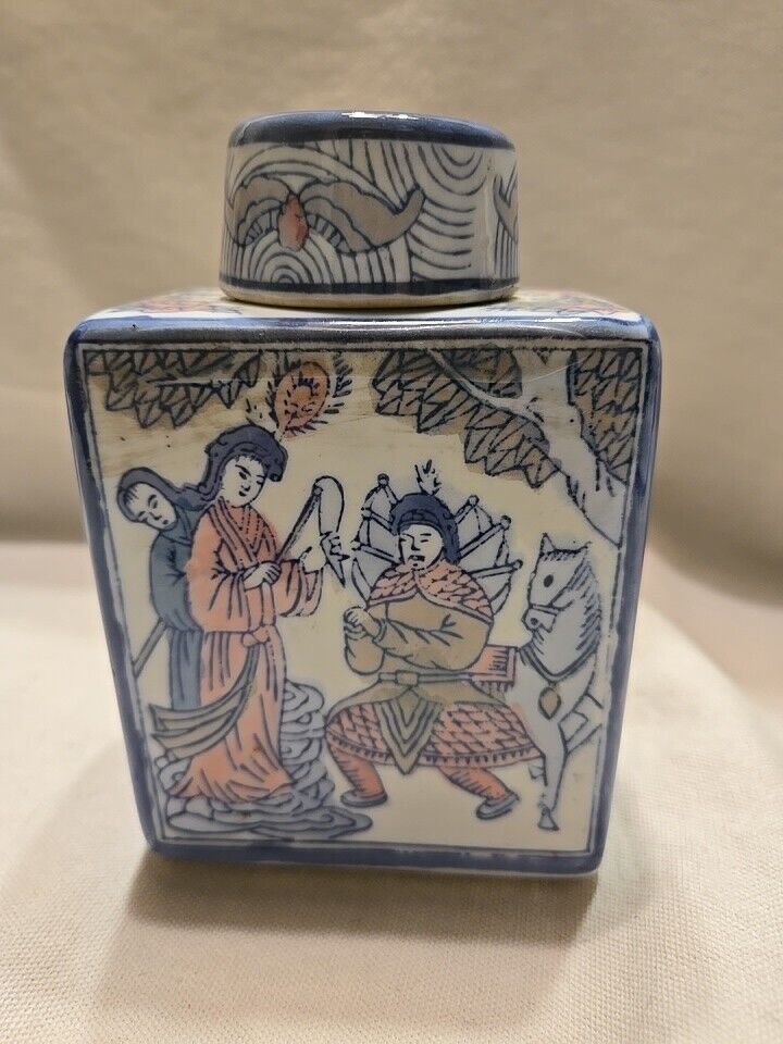 Vtg 20c Chinese Porcelain Tea Jar w Lid Pink, Blue & White - Figural RARE