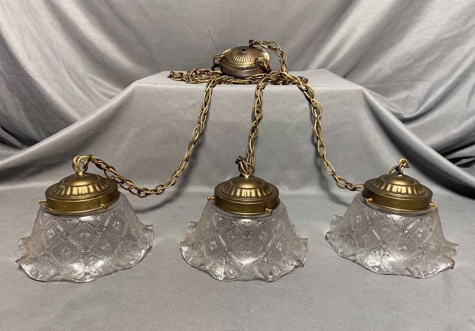 Vintage Brass & Iridescent Glass Triple Swag 3 Light Pendant Fleur De Lis Vanity