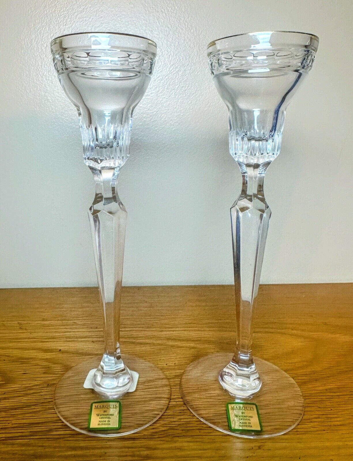 Pair MARQUIS BY WATERFORD HANOVER GOLD Tall Candlestick Holders, Orig. Labels