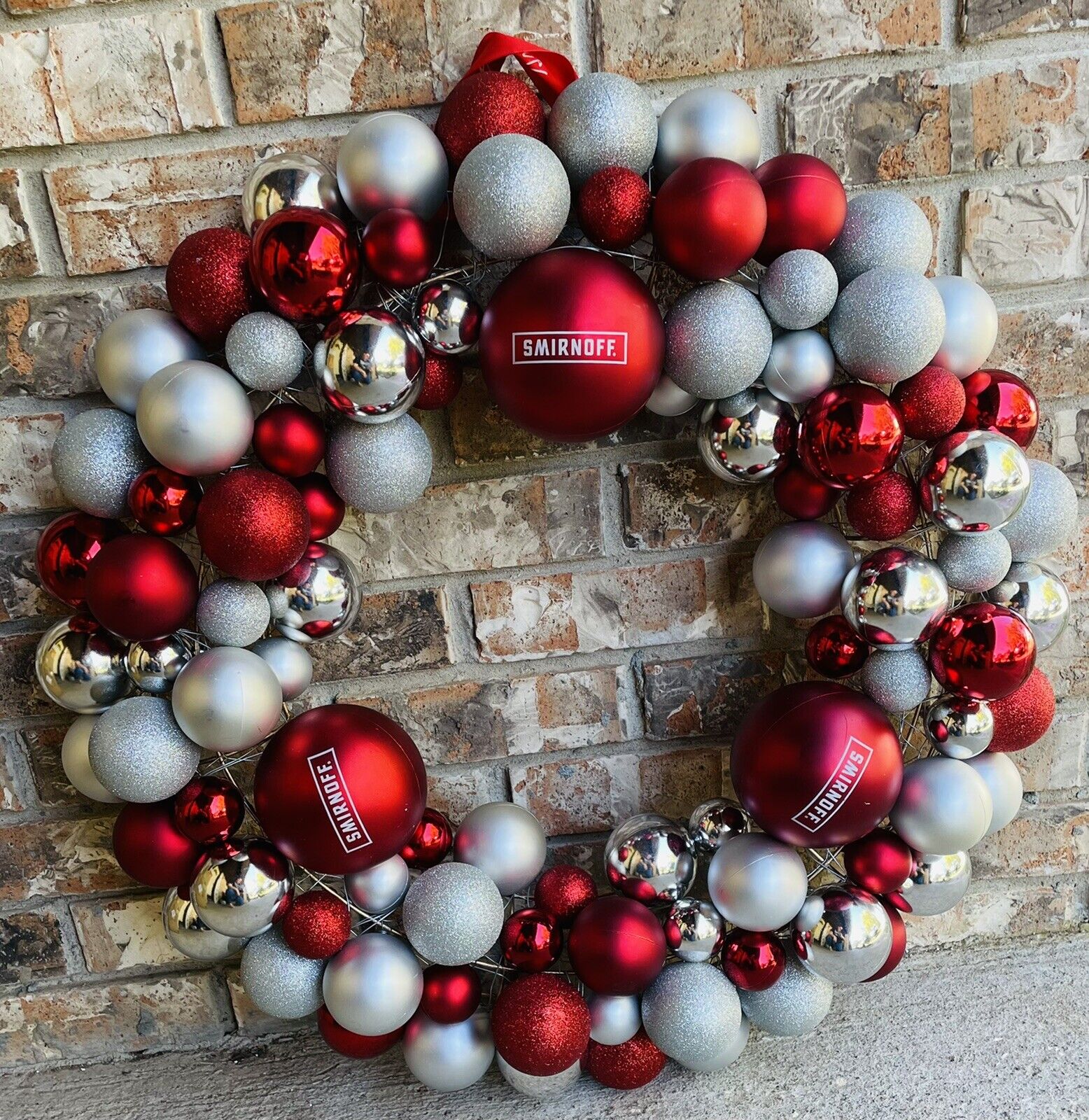 Rare Smirnoff Vodka Christmas Holiday Hanging Wreath New Round Bulbs Red&Silver