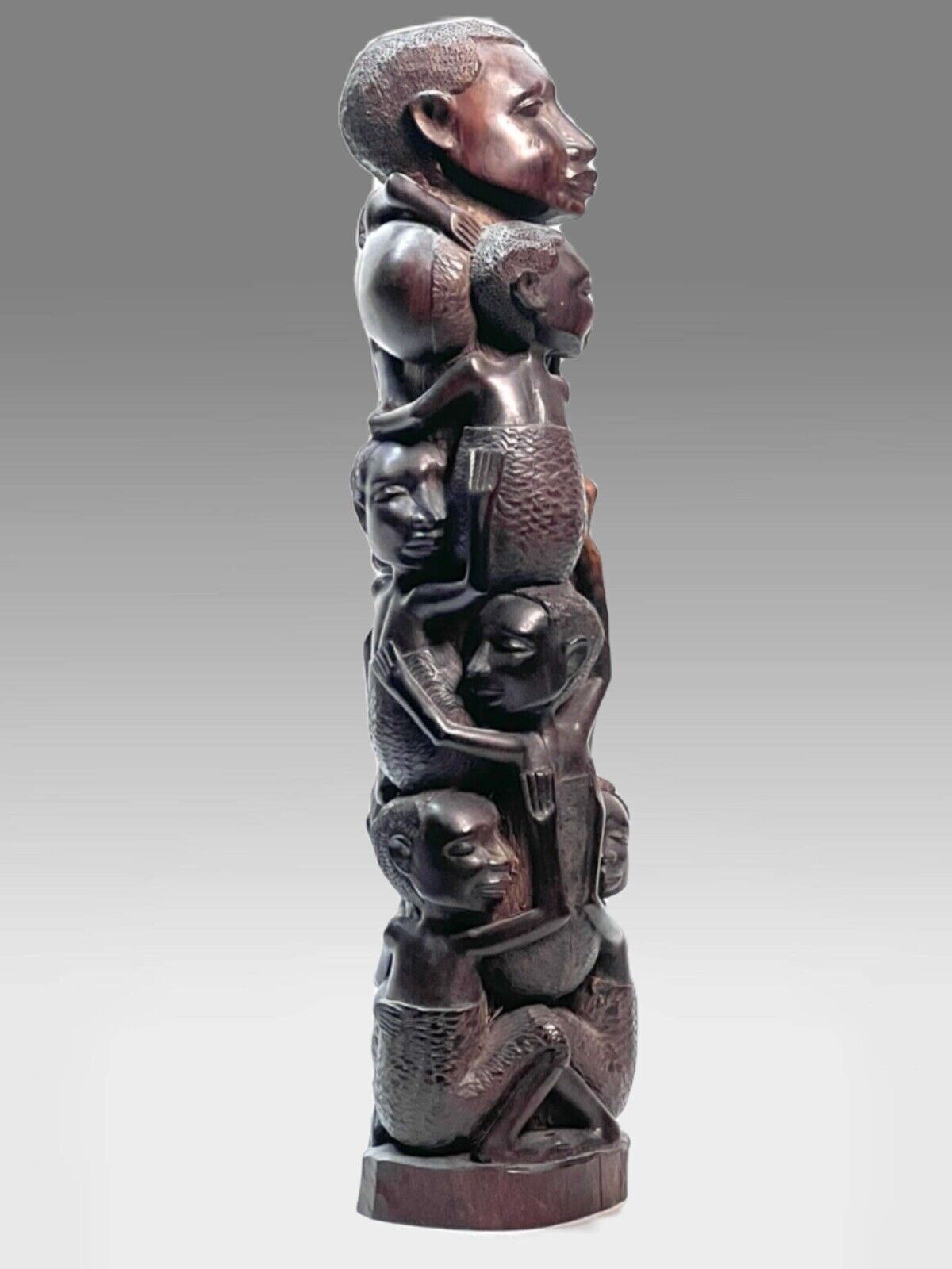 African Ethiopian Totem Depicting Children Clinging Tightly To A Woman 12” Tall