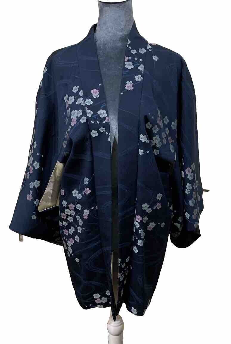 AUTHENTIC Kimono Japanese Vintage Silk Women Haori Jacket Blue Cherry Blossom