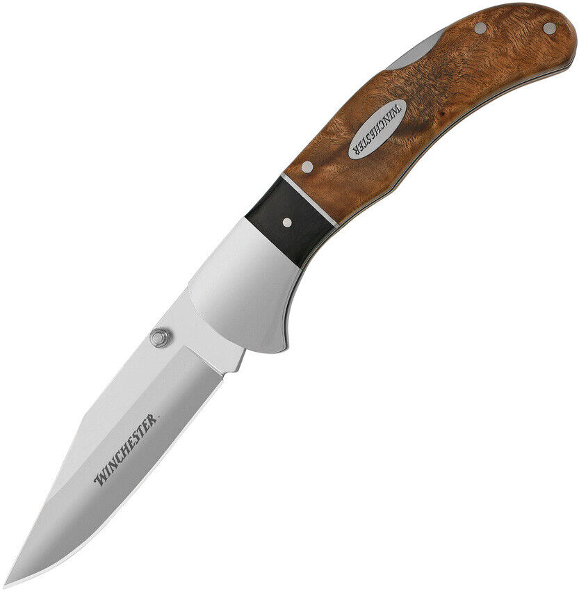 Winchester Burl Wood Handle Lockback Stainless Folding Clip Blade Knife 2241785