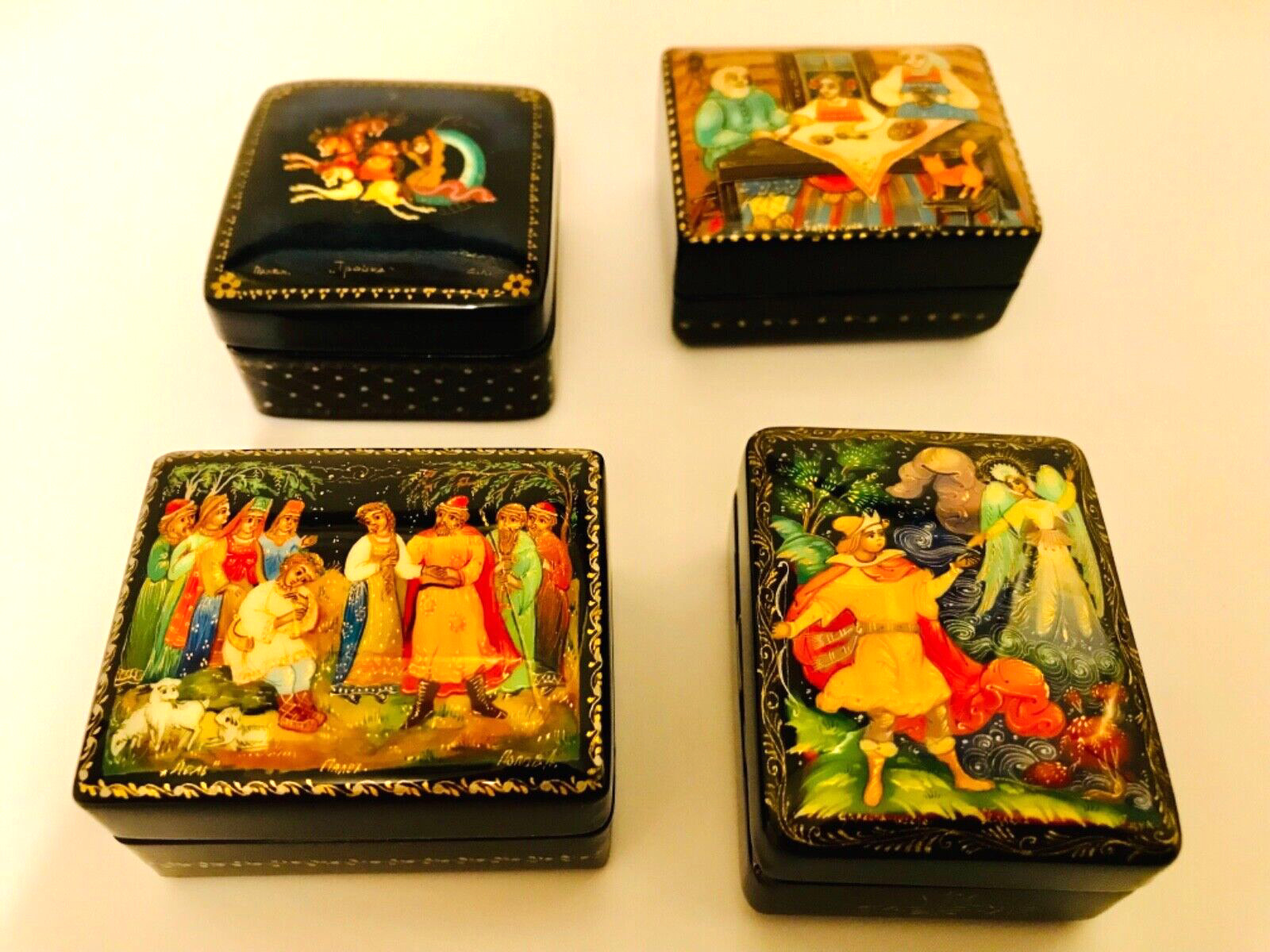🔥LOOK🔥 LOT OF 4 NEW GENUINE RUSSIAN LACQUER BOXES PALEKH HAND PAINTED SIGNED
