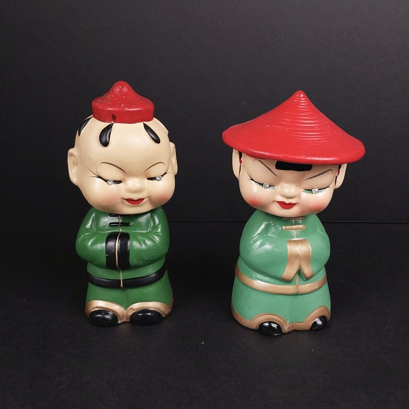 Vintage Asian Oriental Couple Japanese Man & Women Bobble Head Figurine Lot of 2