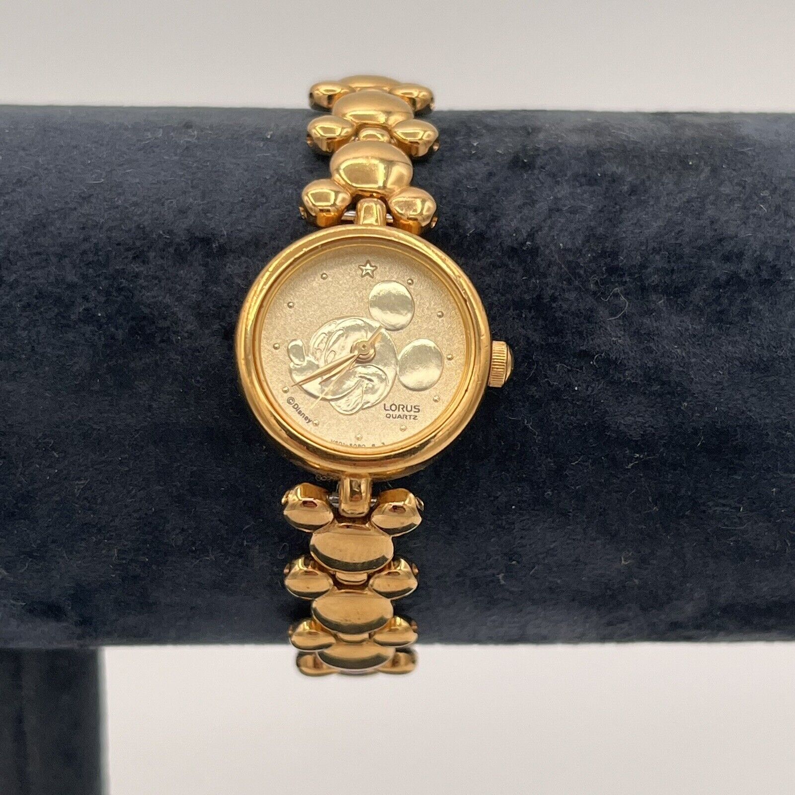 Vintage Disney Lorus Mickey Mouse Gold Tone Watch With Mickey Silhouette Face